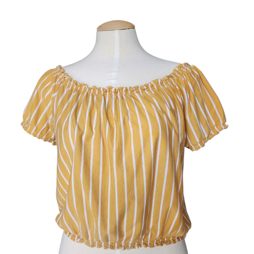 American Eagle Outfitters Mustard Yellow & White Striped Off-Shoulder Blouse
